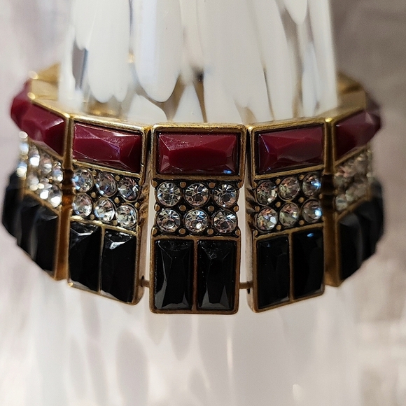 J. Crew Baguette Acrylic Black Merlot Rhinestone Stretch Bracelet Oxidized Brass - Picture 2 of 9